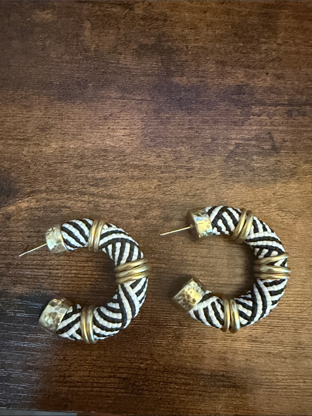 Black and White Wrapped Hoop Earrings with Gold Accents